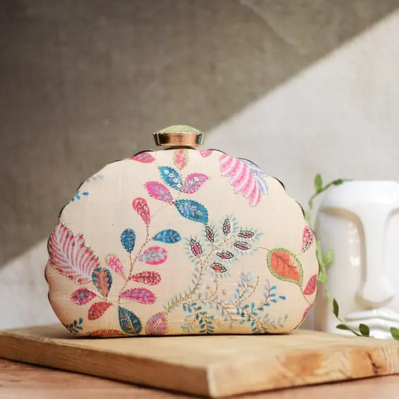 Women Beige Sequins Embroidered D-shape clutch