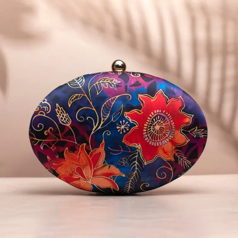 Woman Blue Batik Print Oval Clutch