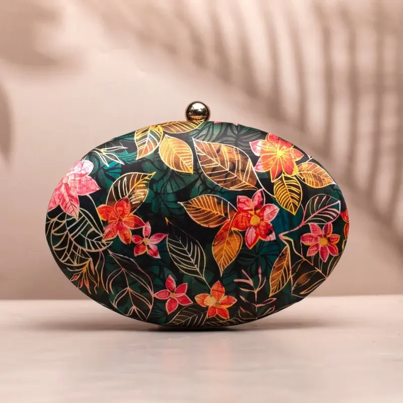 Woman Pink Batik Floral Print Oval Clutch
