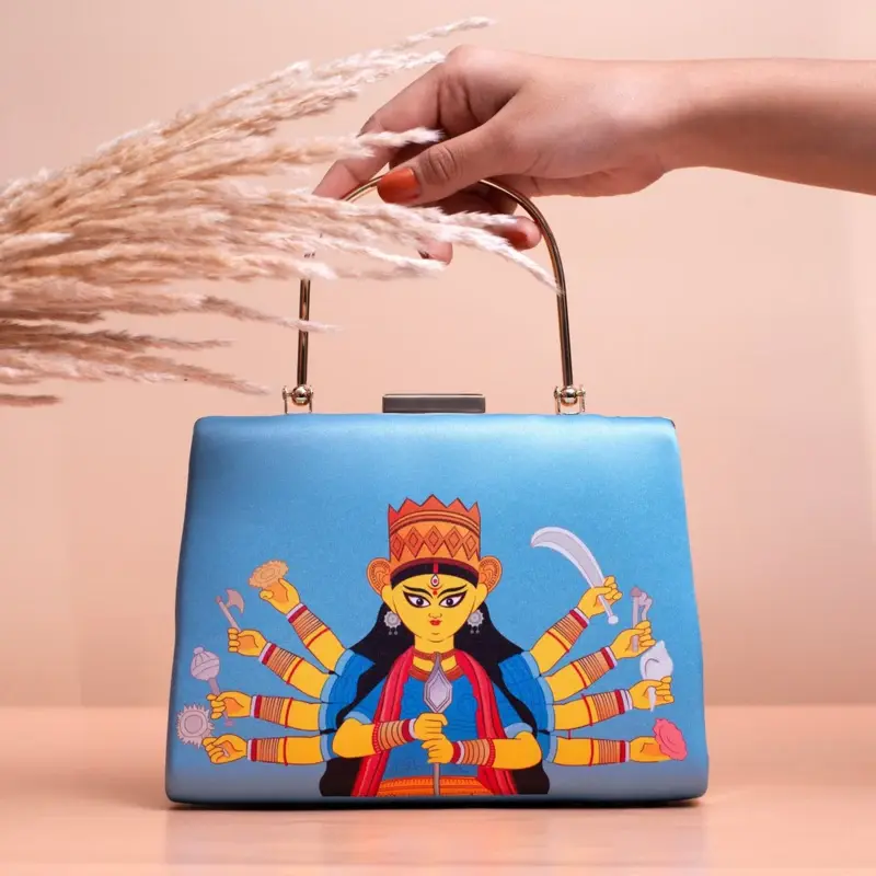 Women Durga Maa Blue Printed Clutch