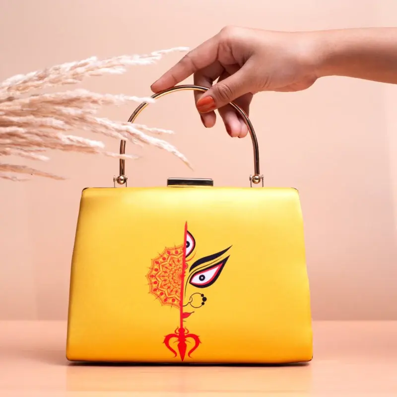 Women Yellow Durga Printed Clutch