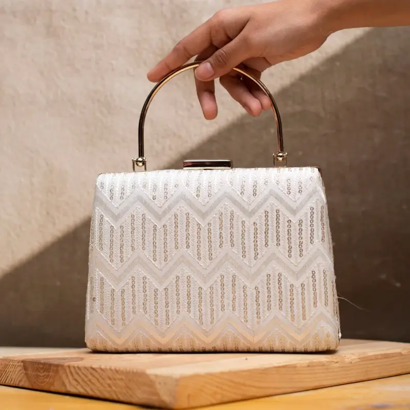 Women White Sequins Embroidery Party Clutch