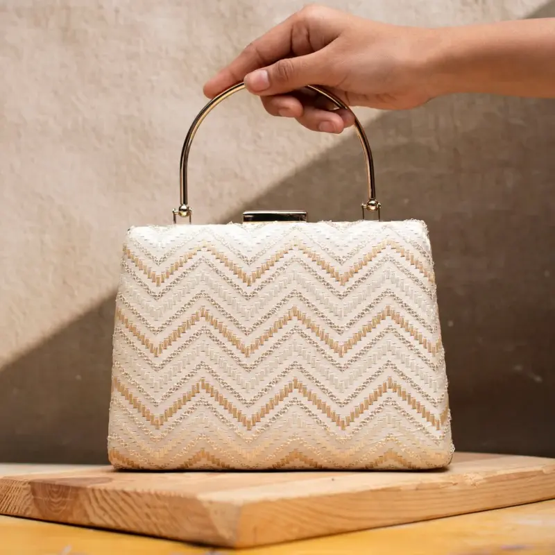 Women White And Golden Zigzag Embroidery Clutch