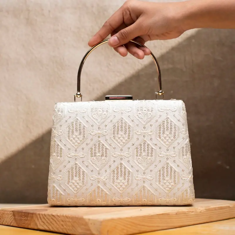 Women White Sequins And Thread Embroidery Clutch