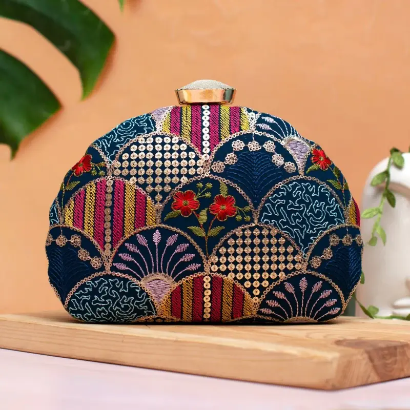 Woman Blue Sequins Embroidery Half Moon Clutch