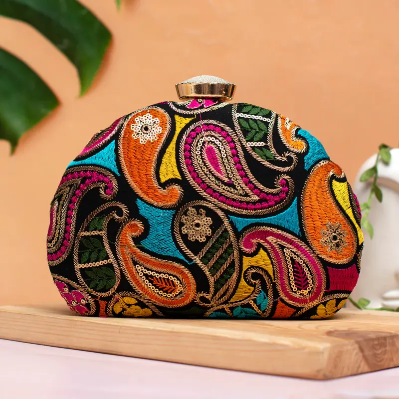 Woman Multicolor Thread Embroidery Half Moon Clutch
