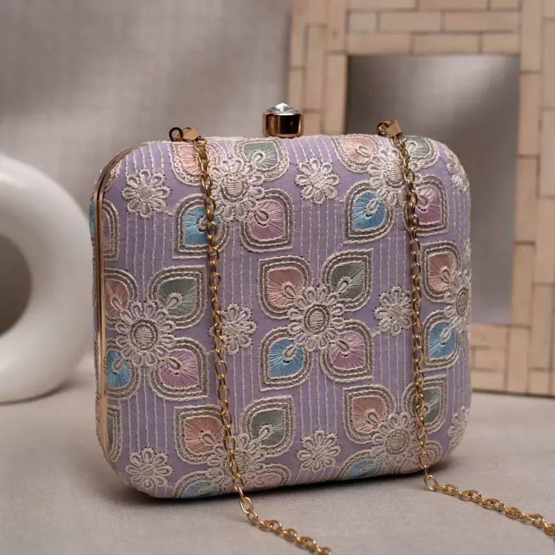 Women Lavender Floral Thread Embroidery Clutch