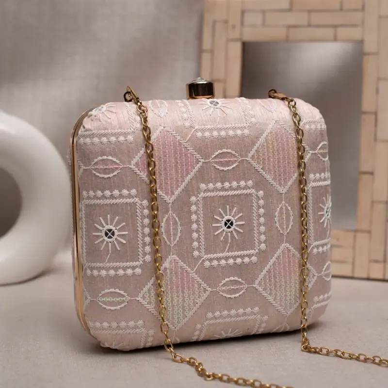 Women Pink And White Thread Embroidery Clutch