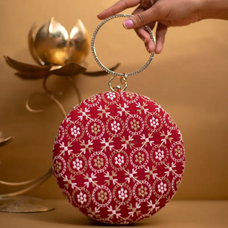 Women Red Embroidery Round Clutch