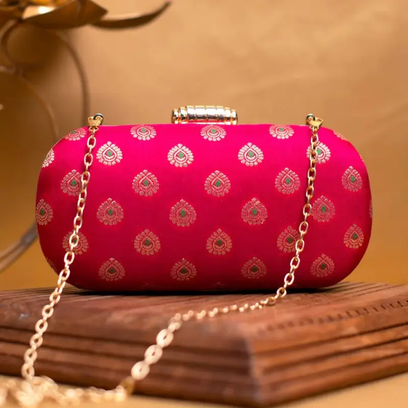 Women Pink Brocade Fabric Party Clutch