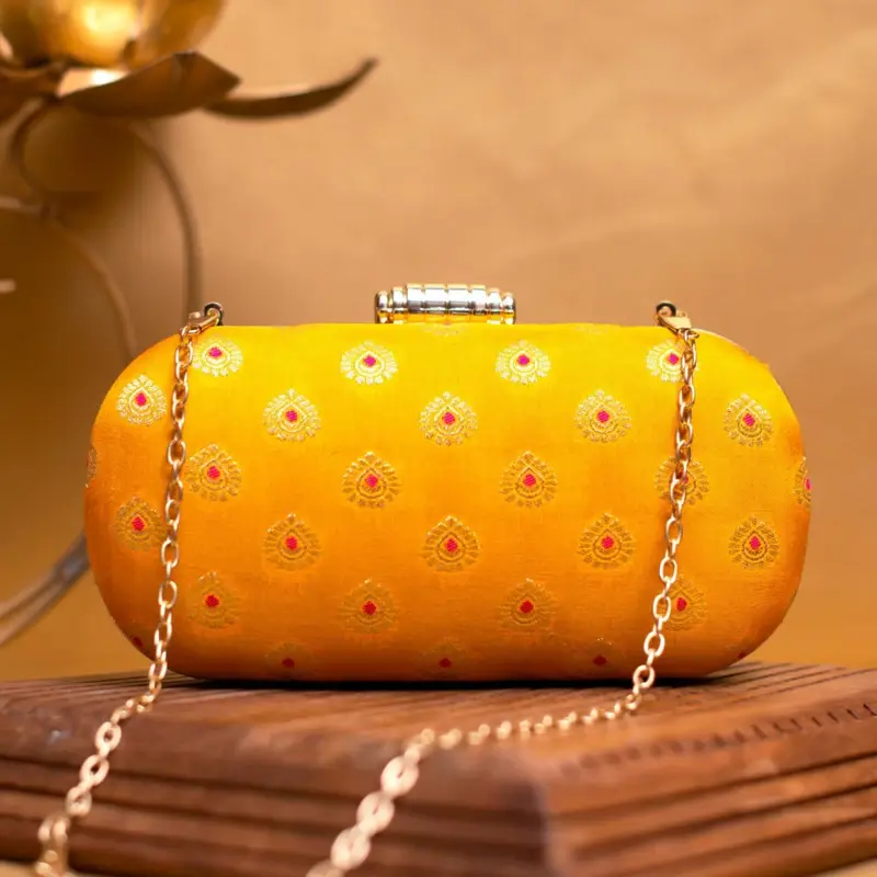 Women Yellow Brocade Fabric Party Clutch