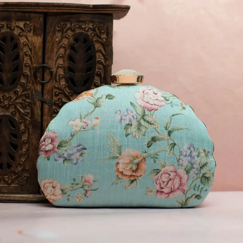 Women Turquoise Floral Printed Zari Embroidery Clutch