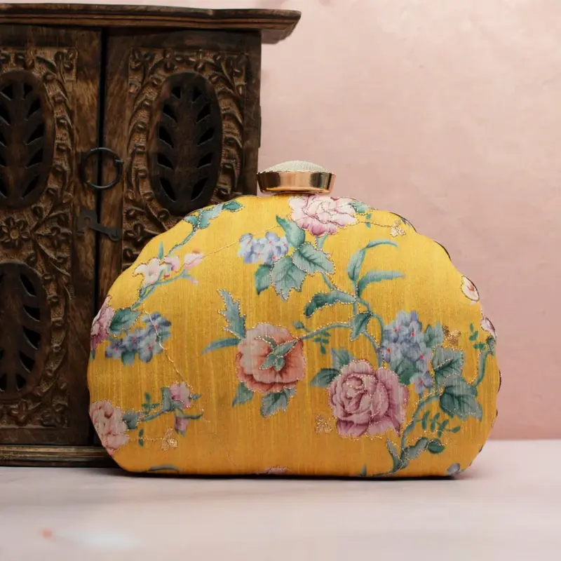 Woman Yellow Floral Printed Zari Embroidery Clutch