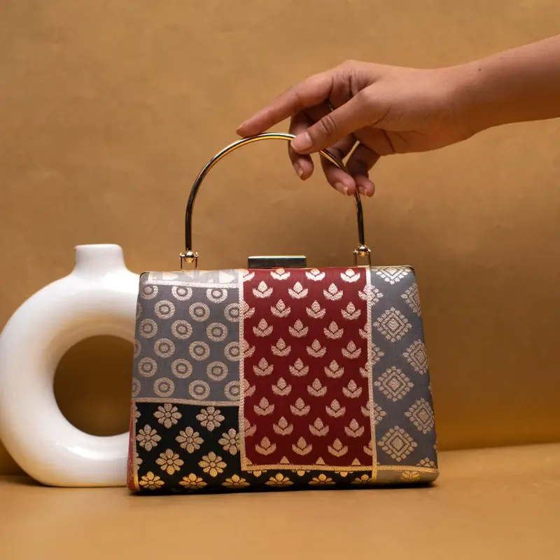 Woman Maroon Multipattern Brocade Fabric Clutch