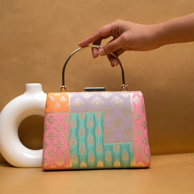 Woman Pink Multipattern Brocade Fabric Clutch