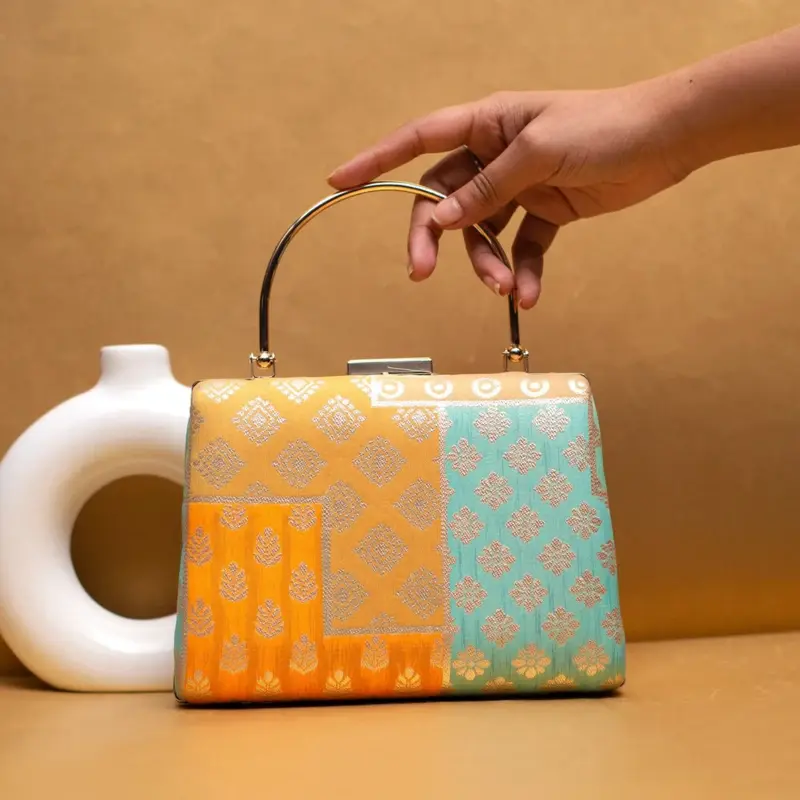 Women Yellow Multipattern Brocade Fabric Clutch