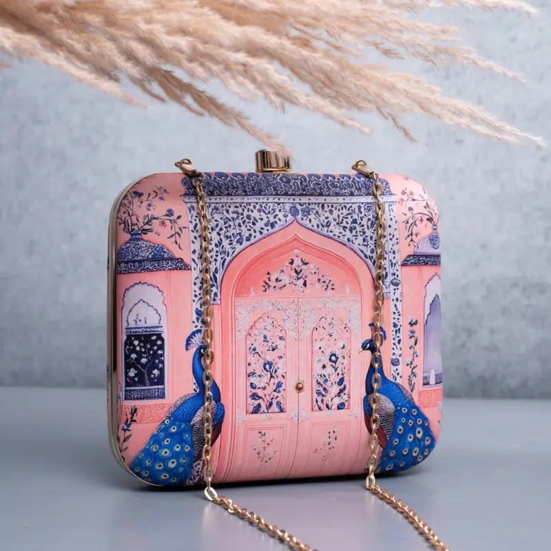 Women Light Pink Based Mughal Motif Printed Clutch