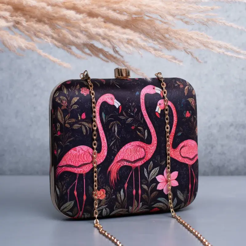 Woman Black Based Pink Flamingo Printed Clutch