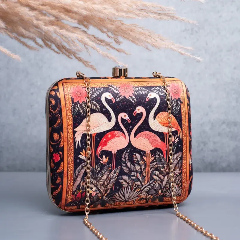 Woman Black Based Flamingo Printed Clutch