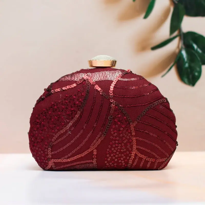 Women Maroon Sequins Embroidery Half Moon Clutch