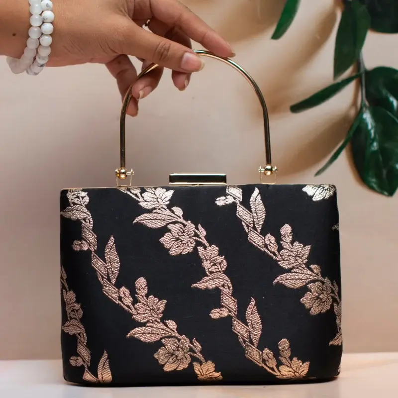 Women Black And Golden Floral Brocade Party Clutch