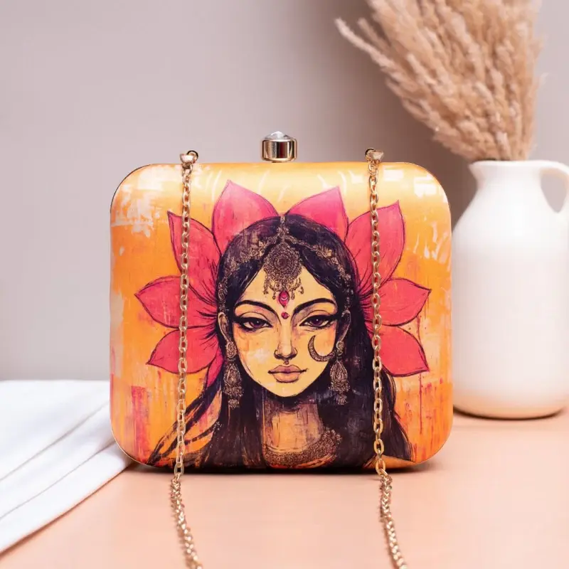 Women Yellow Based Indian Woman Printed Clutch