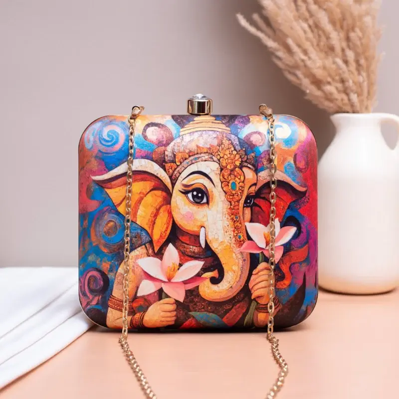 Woman Lord Ganesh With Lotus Printed Clutch