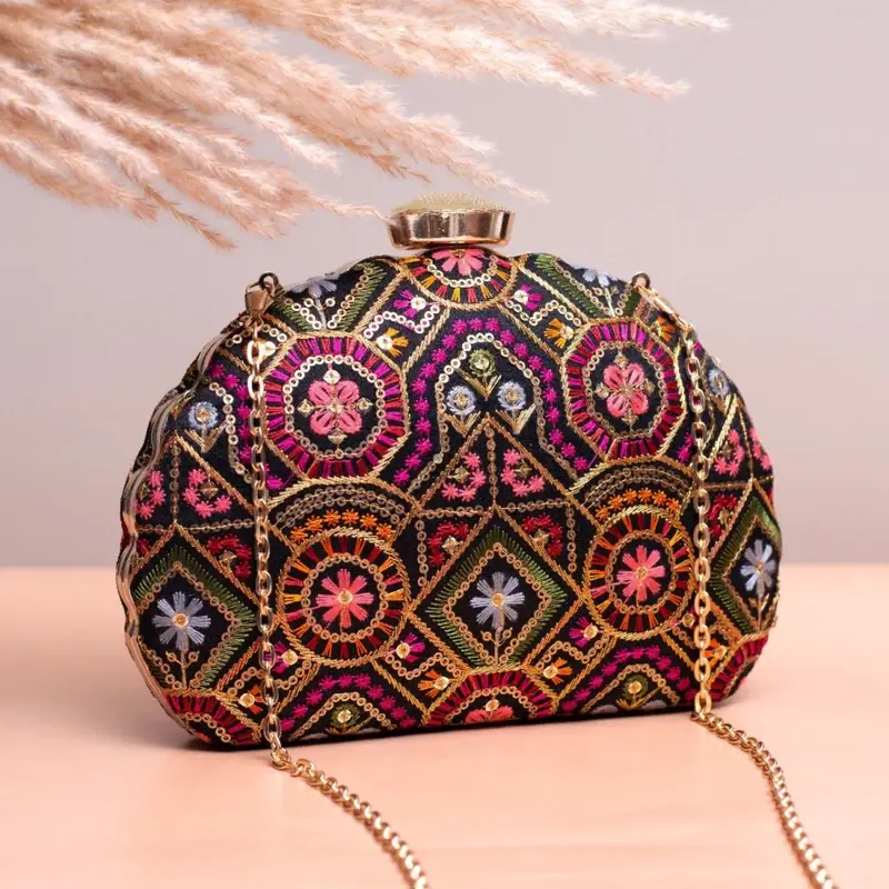 Woman Black Based Pink Threadwork Embroidery Clutch