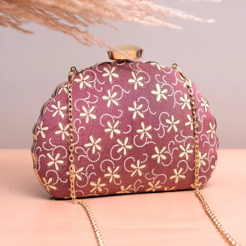 Woman Rosy Brown Based Floral Embroidery Clutch