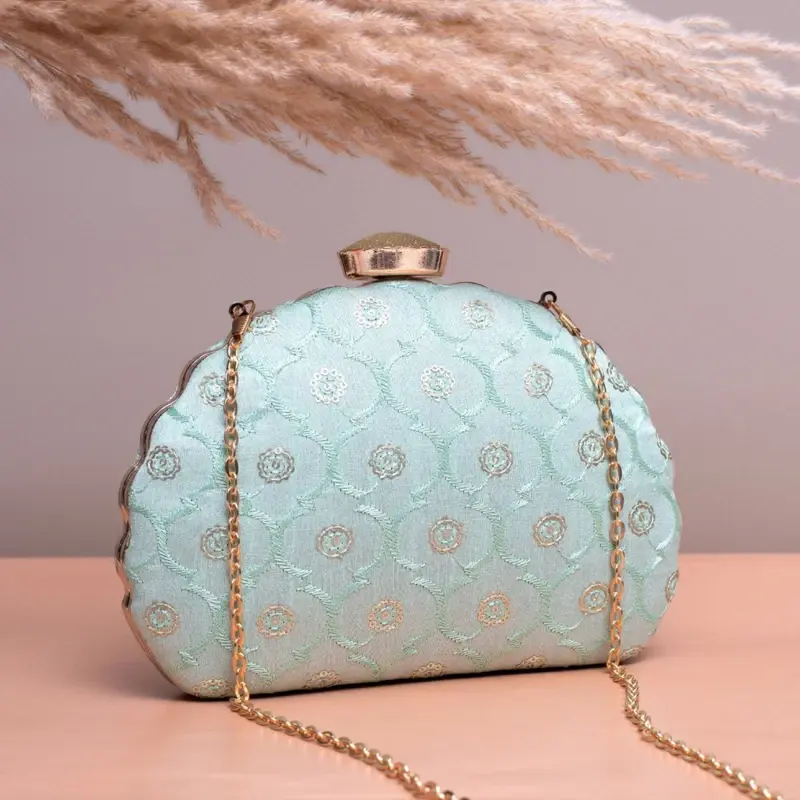 Woman Light Blue Based Sequins Embroidery Clutch
