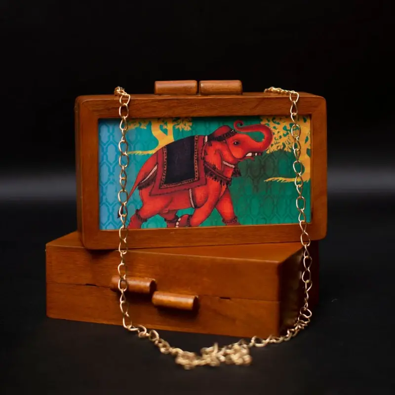 Women Colourful Elephant Wooden Printed Clutch
