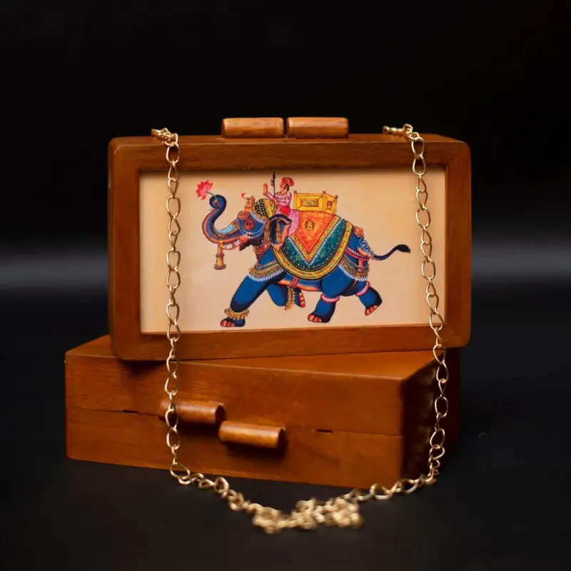 Women Elephant Wooden Printed Clutch