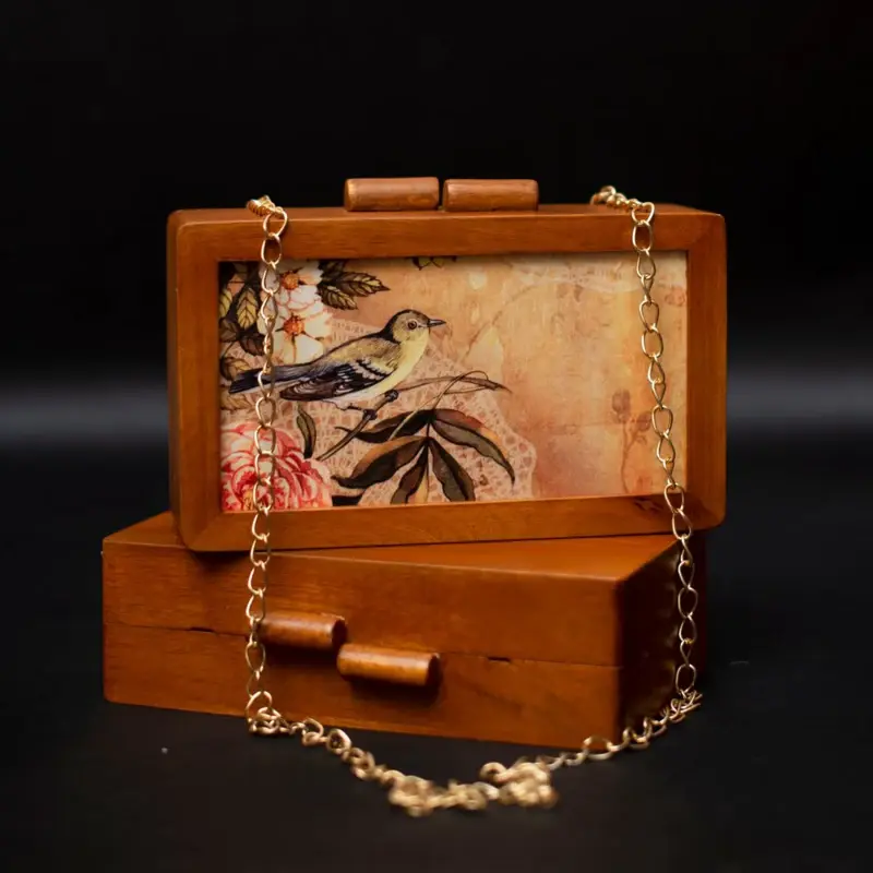Women Birds Wooden Printed Clutch