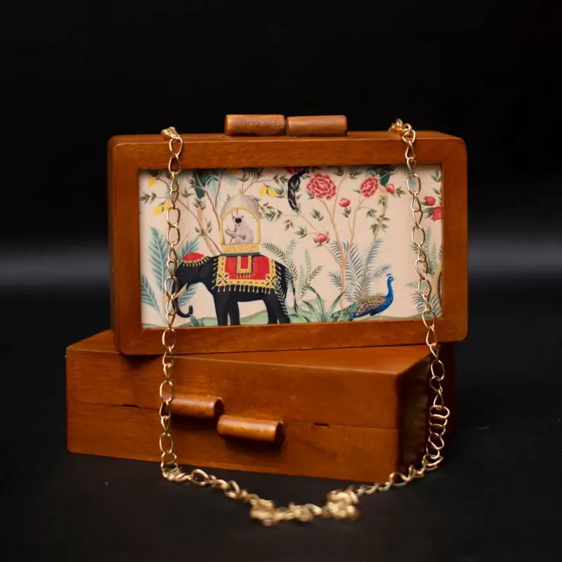 Women Royal Elephant Wooden Printed Clutch