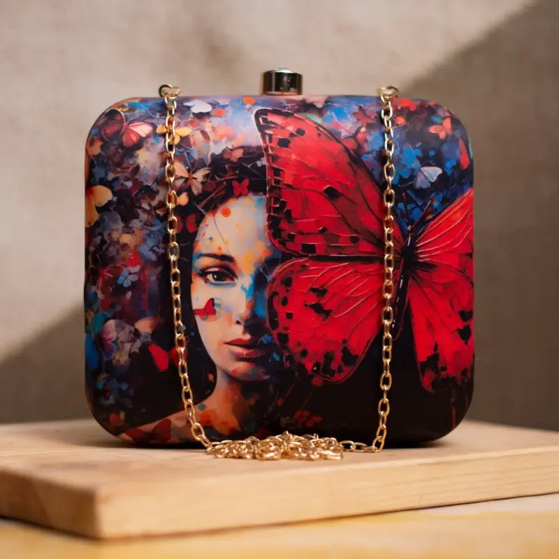 Woman Red Butterfly Portrait Printed Clutch