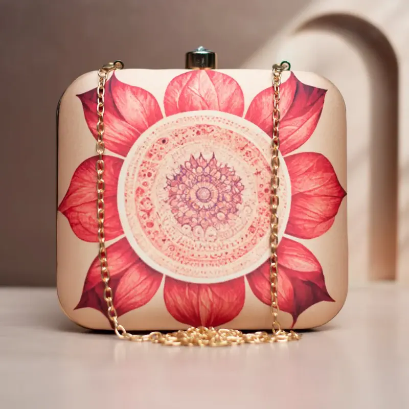 Woman Biege And Red Flower Printed Clutch