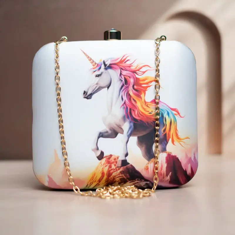 Woman White Based Unicorn Printed Clutch