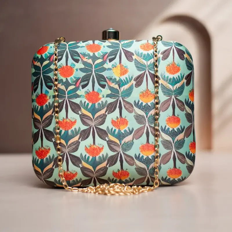 Woman Blue And Orange Floral Printed Clutch