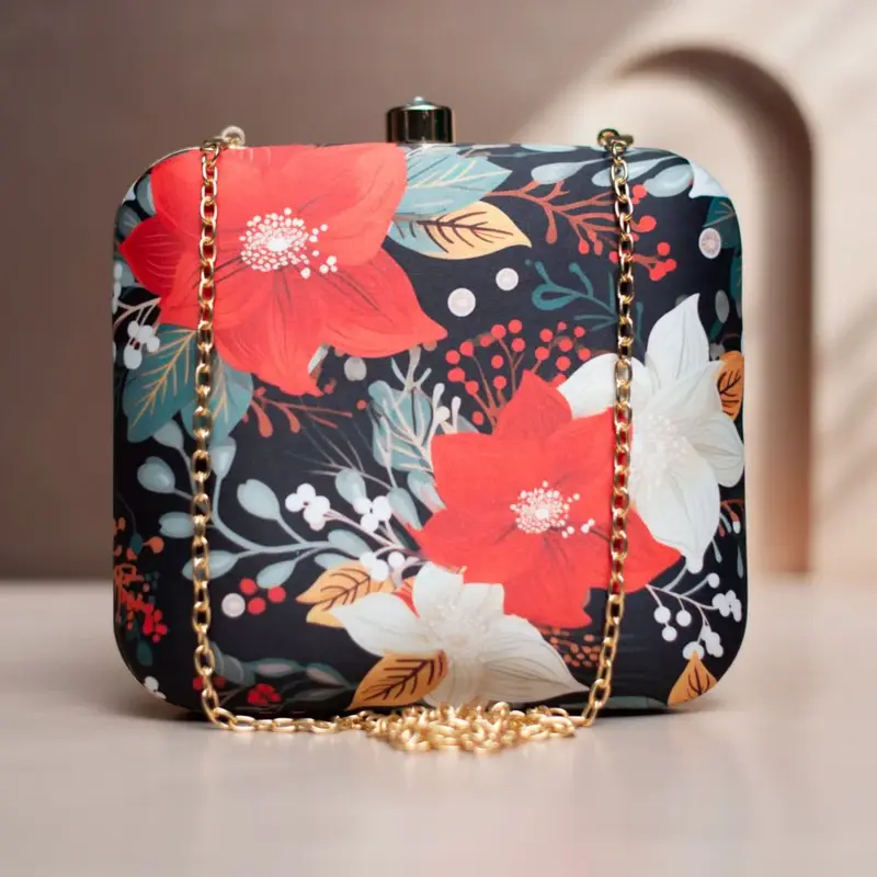 Woman Red and White Floral Printed Clutch