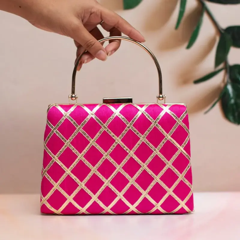 Woman Magenta Pink Gota Patti Fabric Clutch