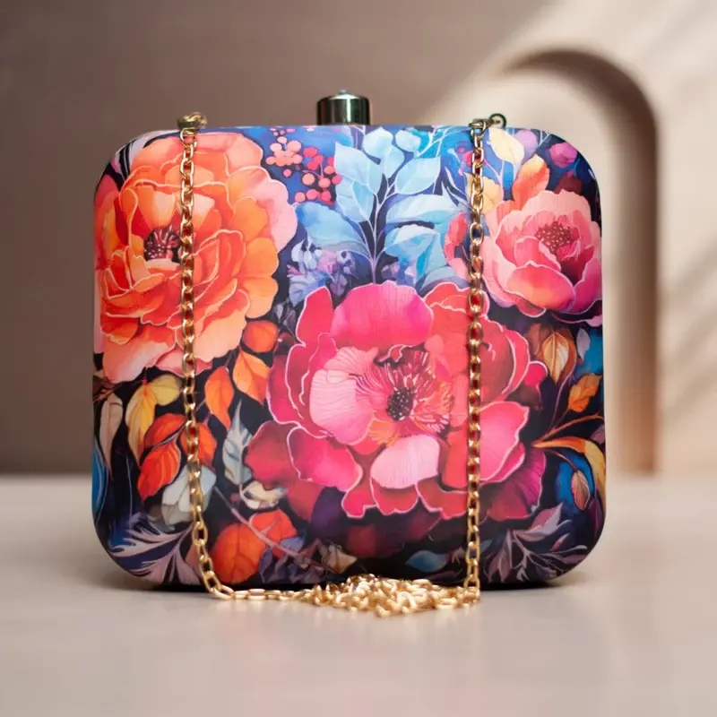 Woman Pink And Orange Floral Printed Clutch