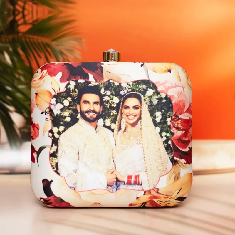 Woman White Based Floral Printed Customized Clutch