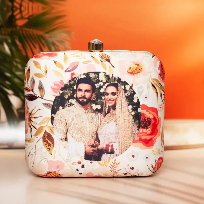 Women White Based Floral Printed Customized Clutch