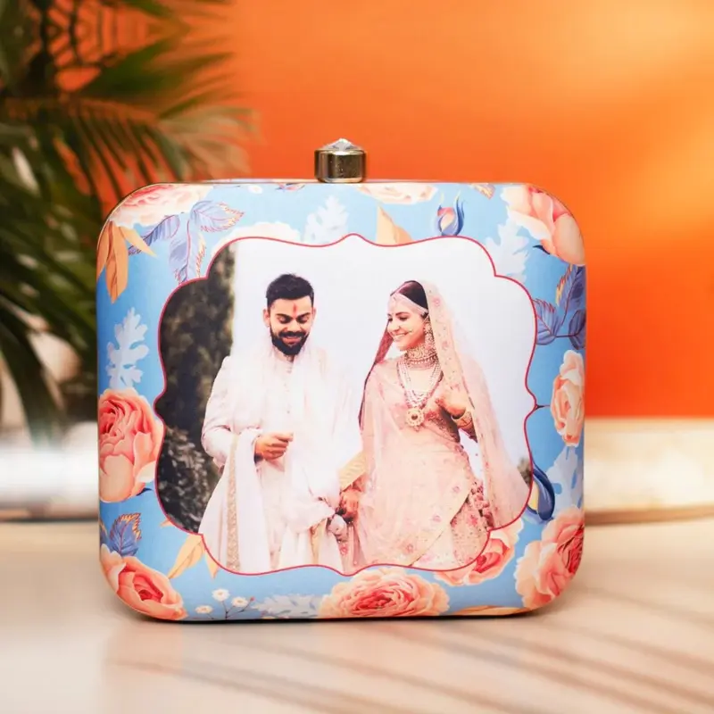 Women Blue Based Floral Printed Customized Clutch