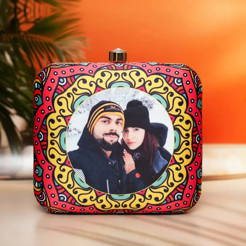 Woman Red Based Printed Customized Clutch