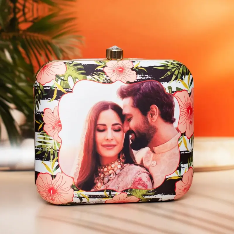 Woman Black and White Based Floral Printed Customized Clutch
