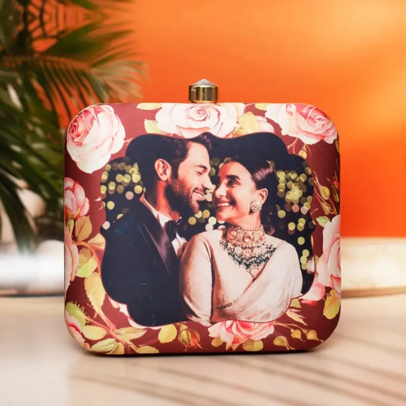 Woman Brown Based Floral Printed Customized clutch