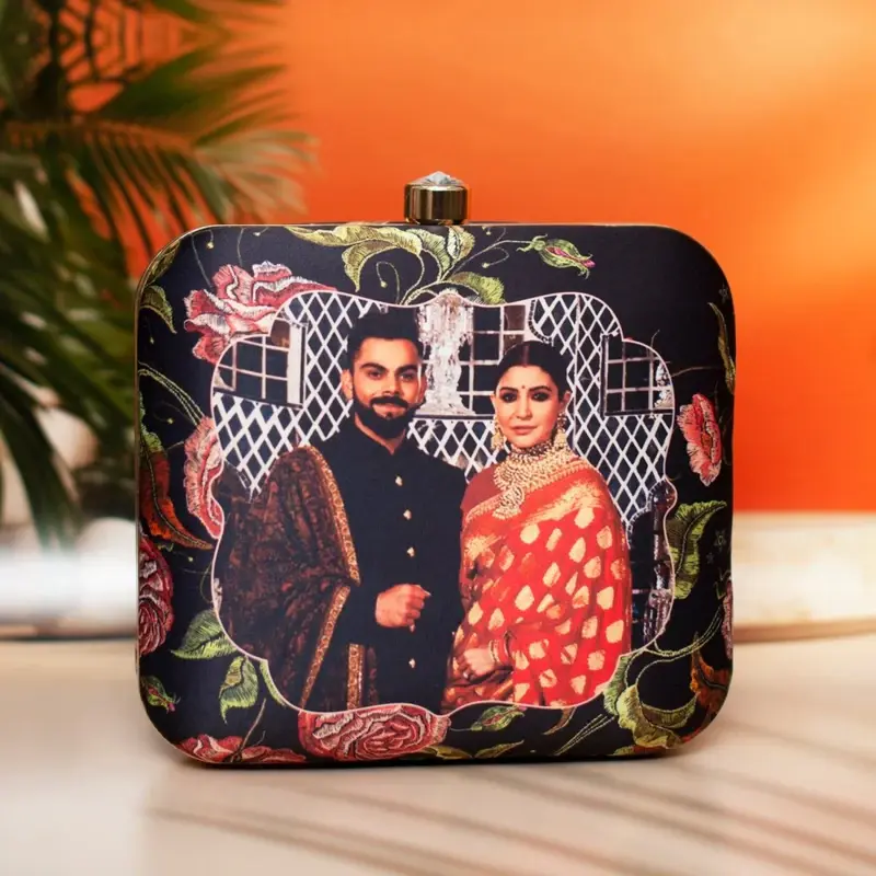 Women Black Based Floral Printed Customized Clutch