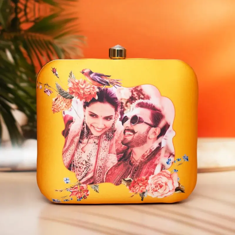 Women Mustard Based Printed Customized clutch