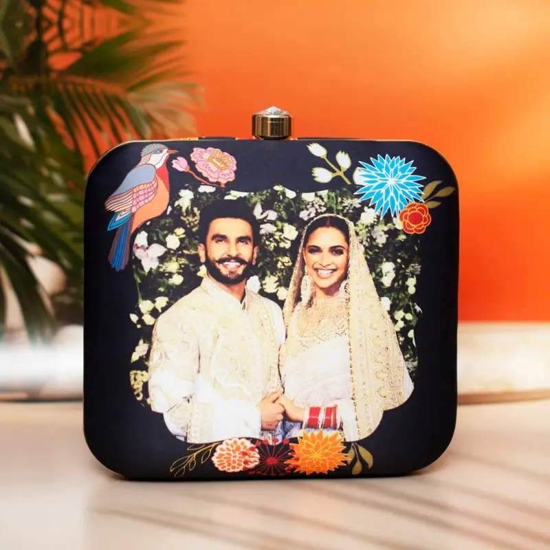 Women Bird and Flower Printed Black Customized Clutch